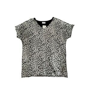 Adrienne Silver Sequin Leopard Animal Print V-Neck Top Blouse Short Sleeve NWT